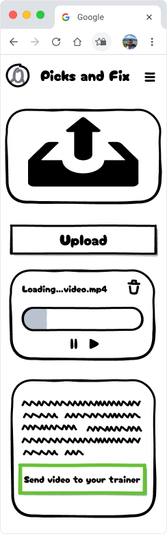 Mobile low-fidelity sketch: upload area, an uploading clip with a progress bar and the send-to-trainer action