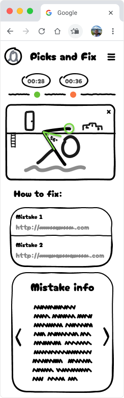 Mobile low-fidelity sketch: flagged markers on the timeline, the annotated frame, a How to fix list and the mistake details