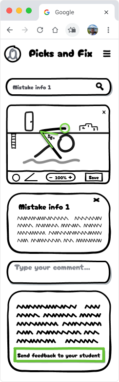Mobile low-fidelity sketch: searching a reusable mistake, annotating the frame, adding mistake info and a personal comment before sending the feedback