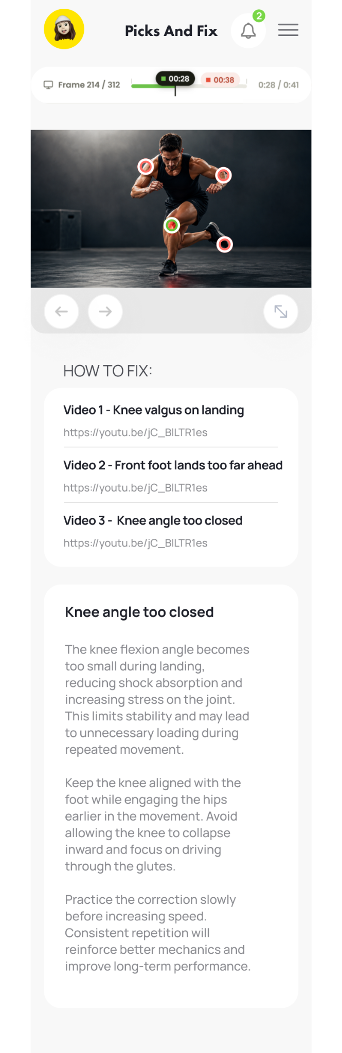 Athlete mobile screen: the reviewed frame with flagged moments, a How to fix list and the mistake explanation