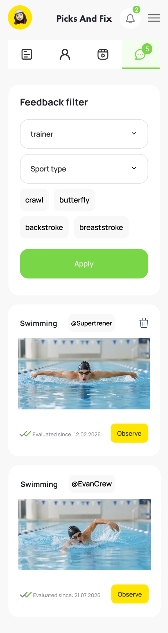 Athlete mobile screen: the feedback feed with filters and reviewed clips from coaches