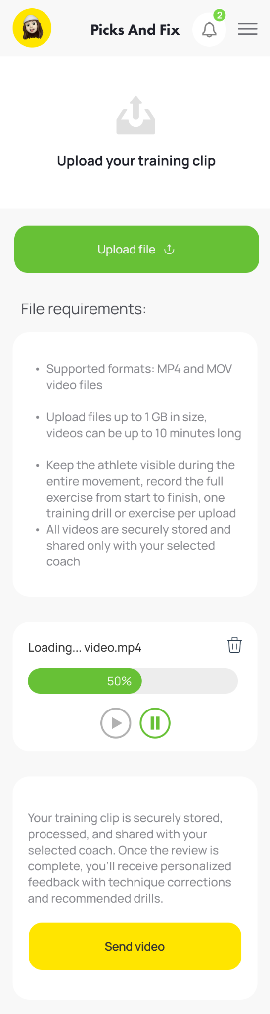 Athlete mobile screen: upload your training clip, file requirements, upload progress and the send action