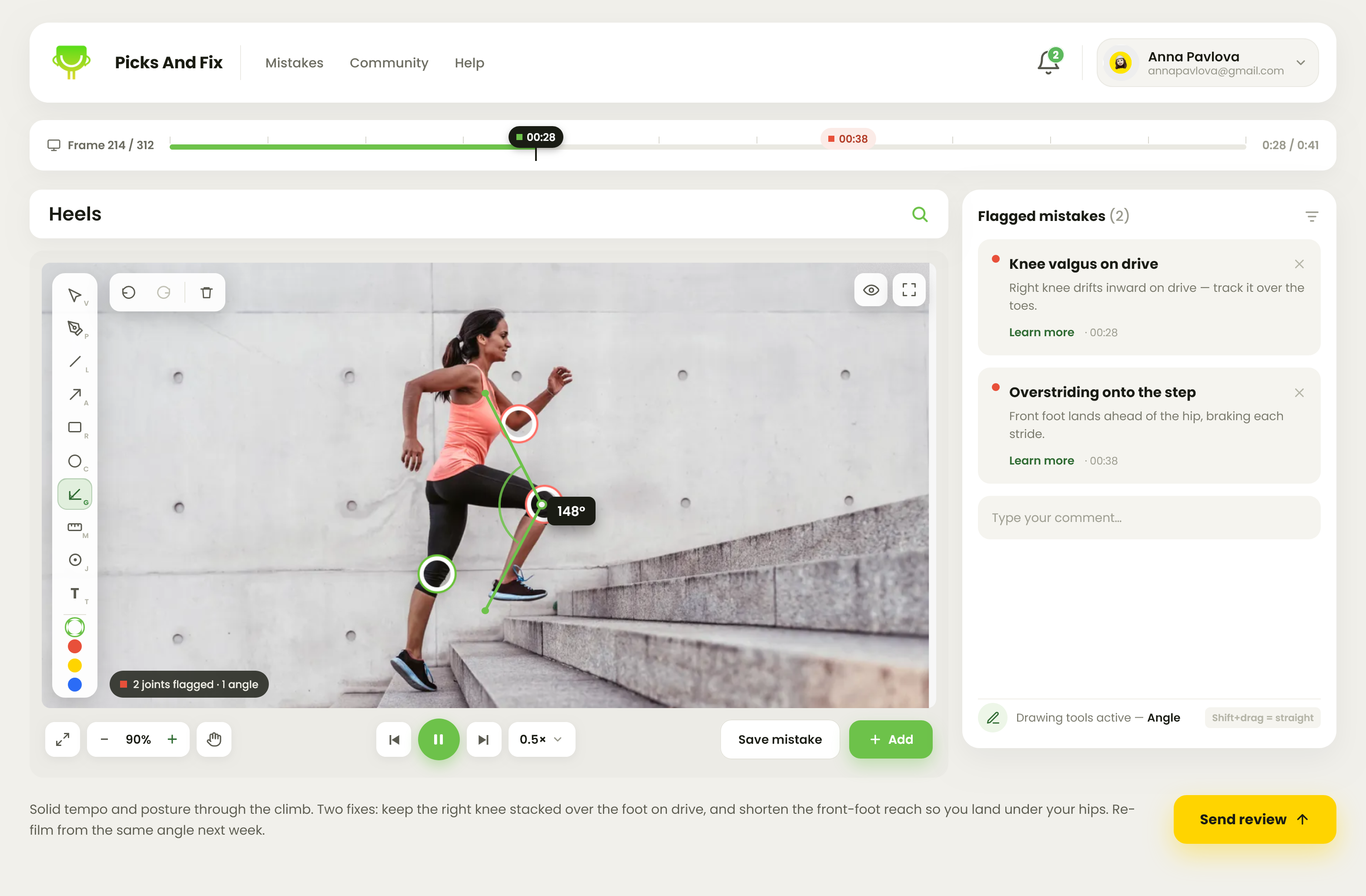 Picks&Fix frame-by-frame video review with joint tracking and flagged mistakes