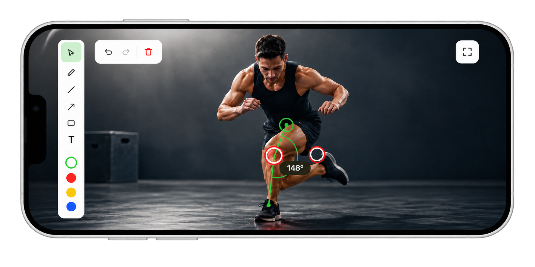 Picks&Fix fullscreen landscape annotation on mobile: the paused frame with drawing tools and a joint-angle readout