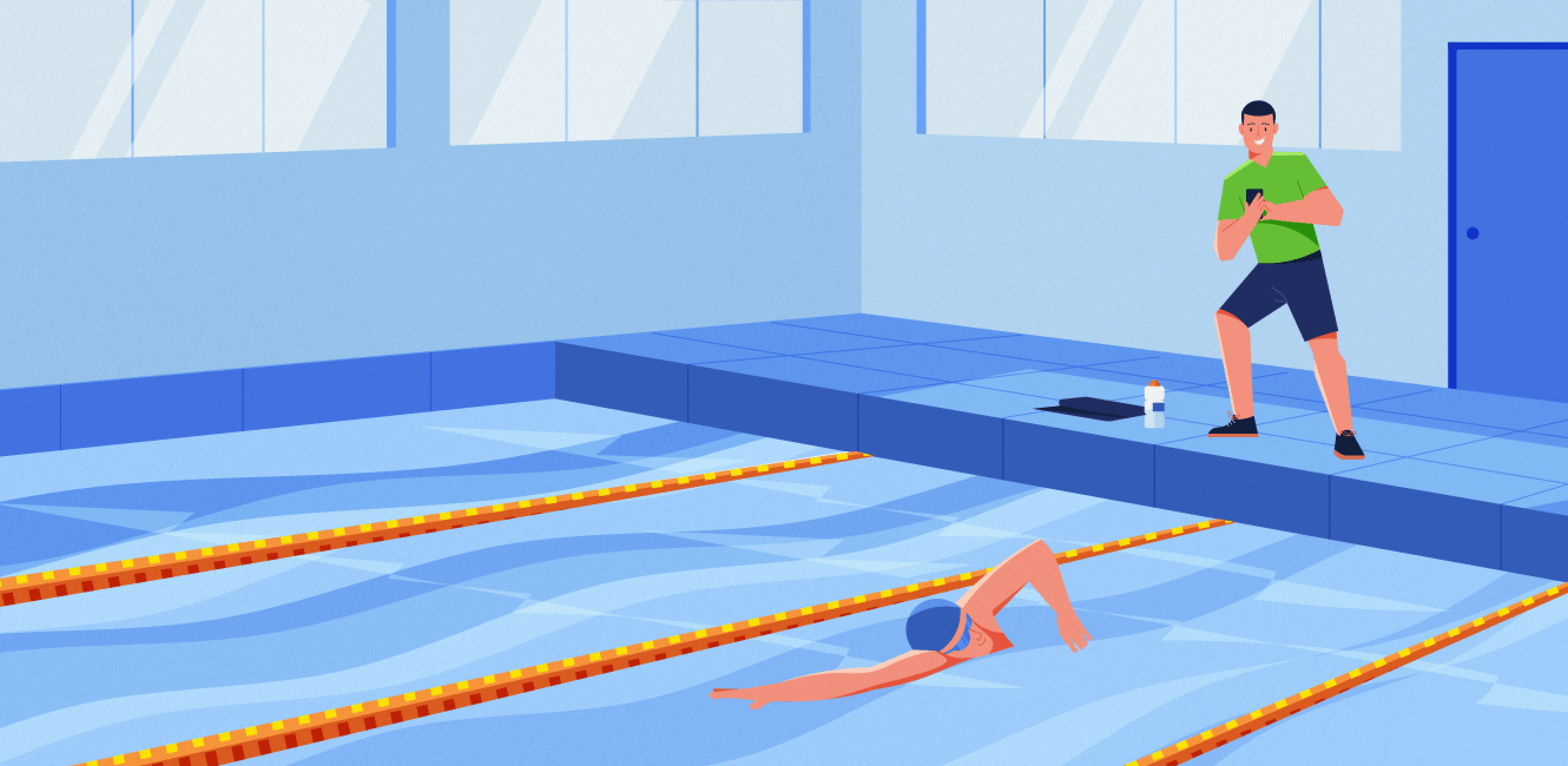 A coach at poolside reviewing his phone while an athlete swims — the whole review holds around one movement