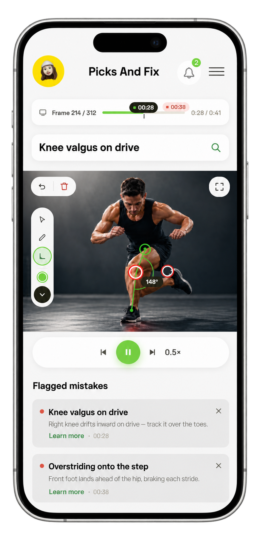 Picks&Fix mobile review: the marked training frame above the flagged mistakes list