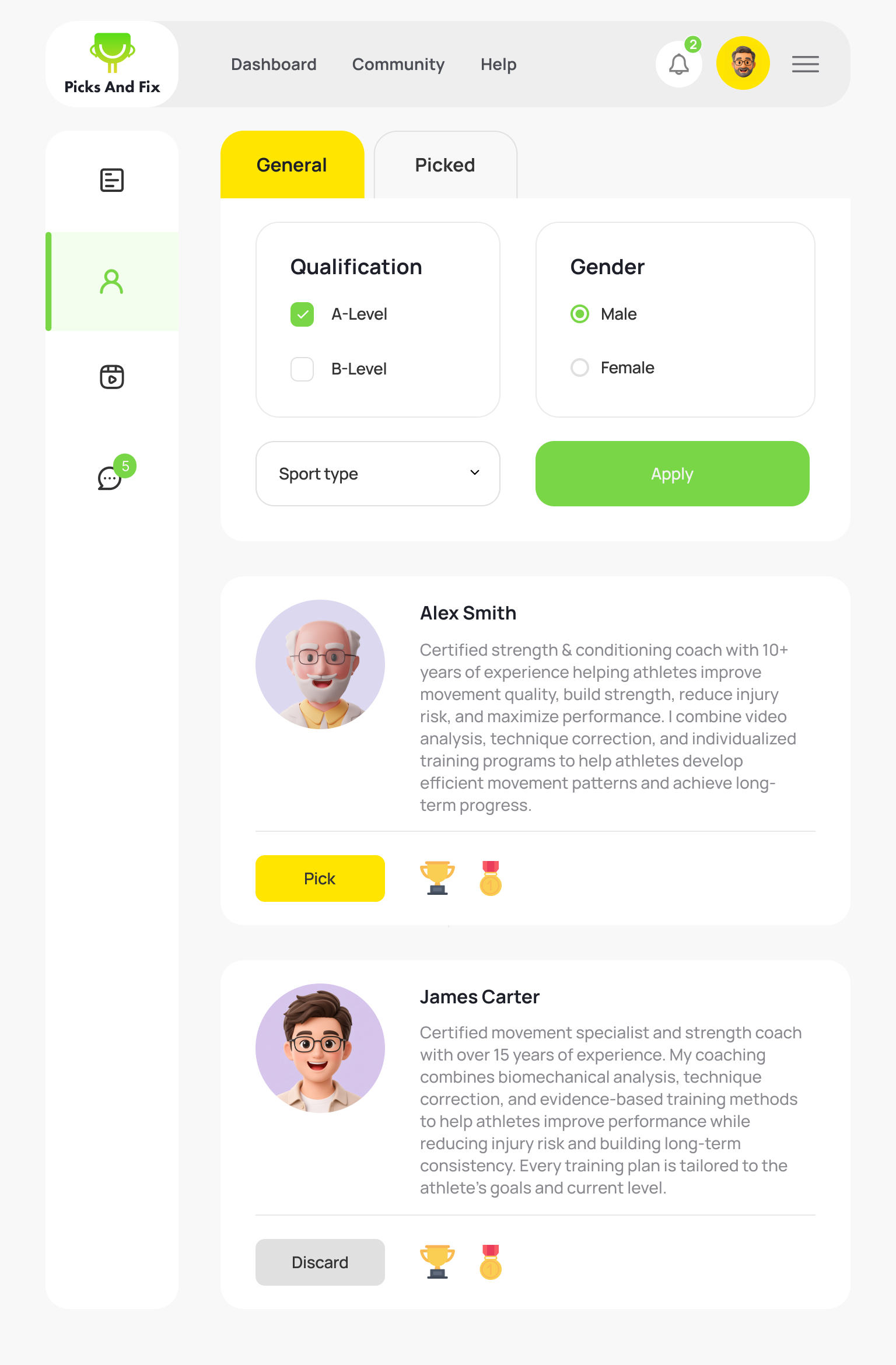 Coach browser: filter by qualification, gender and sport, then Pick a specialist.
