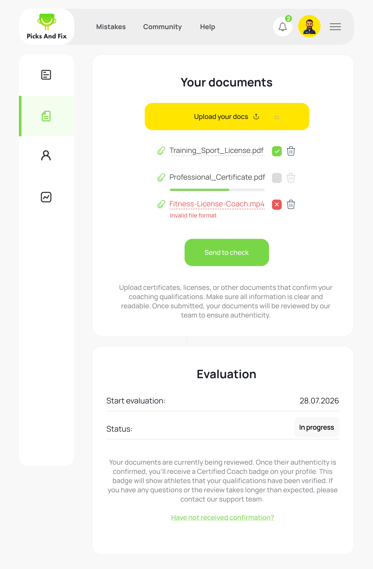 Coach documents screen: upload licences and certificates, then an evaluation panel showing verification in progress.