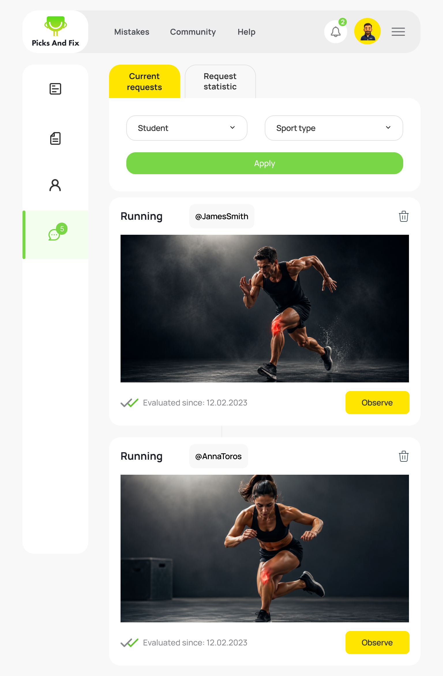 Coach current-requests screen: submitted clips filtered by student and sport, each ready to observe.