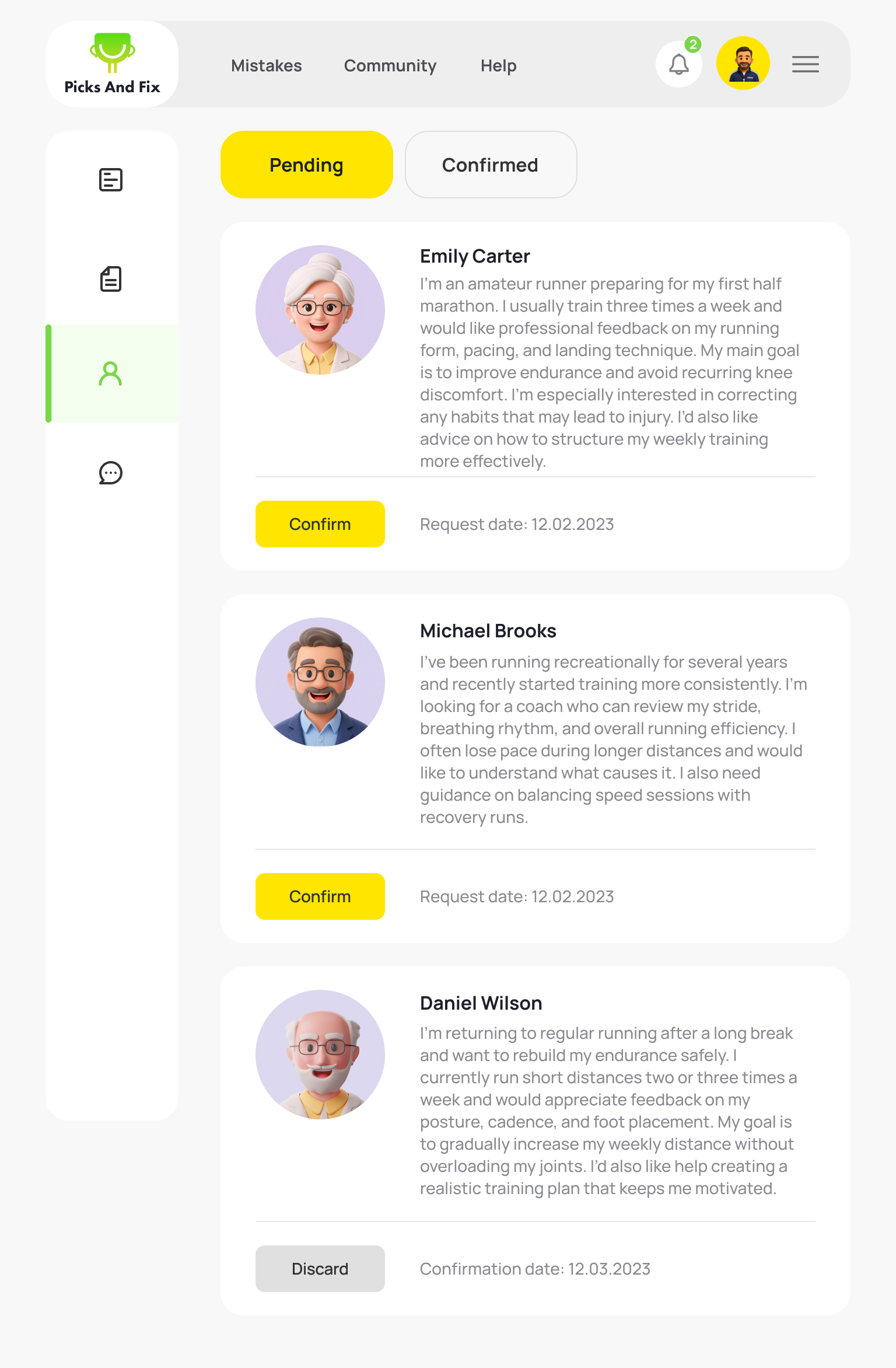 Coach requests screen: pending and confirmed athlete requests, each with the athlete's goals and a Confirm action.