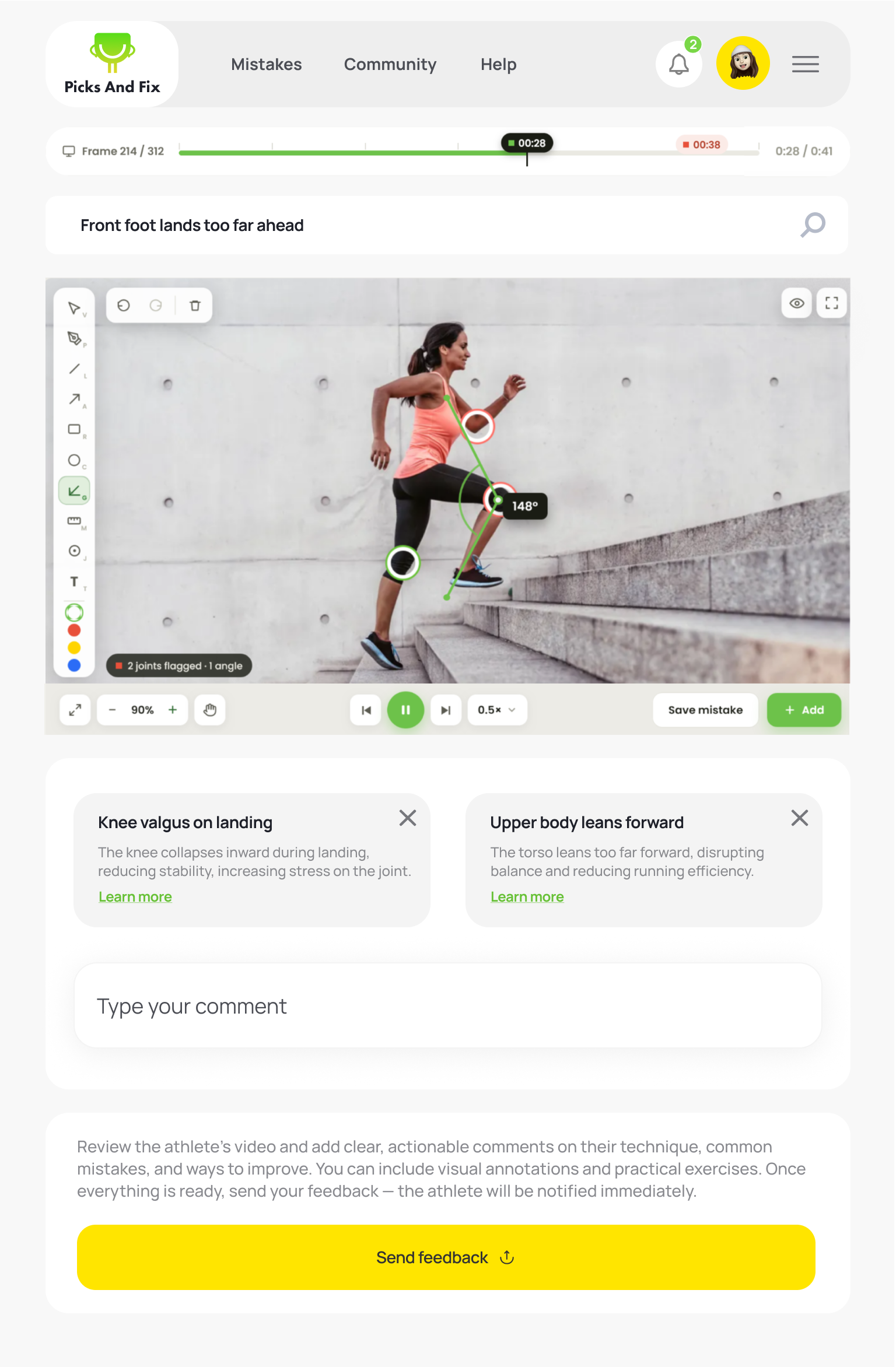 Coach review screen: the frozen frame with marked joints and angle, flagged mistakes pulled from the library, a comment field and Send feedback.