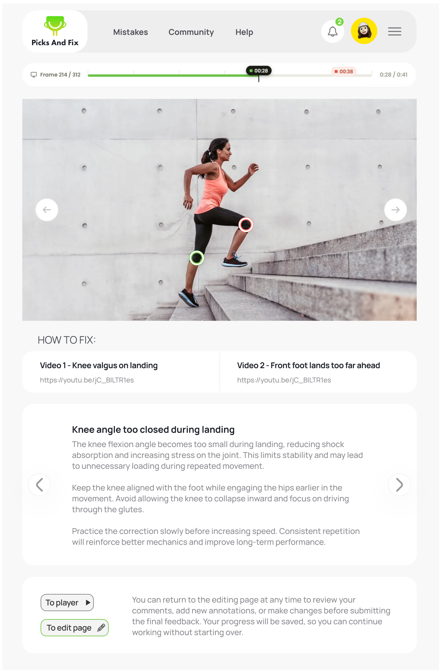 Delivered feedback screen: the marked frame, How-to-fix videos and a structured correction the athlete can revisit.