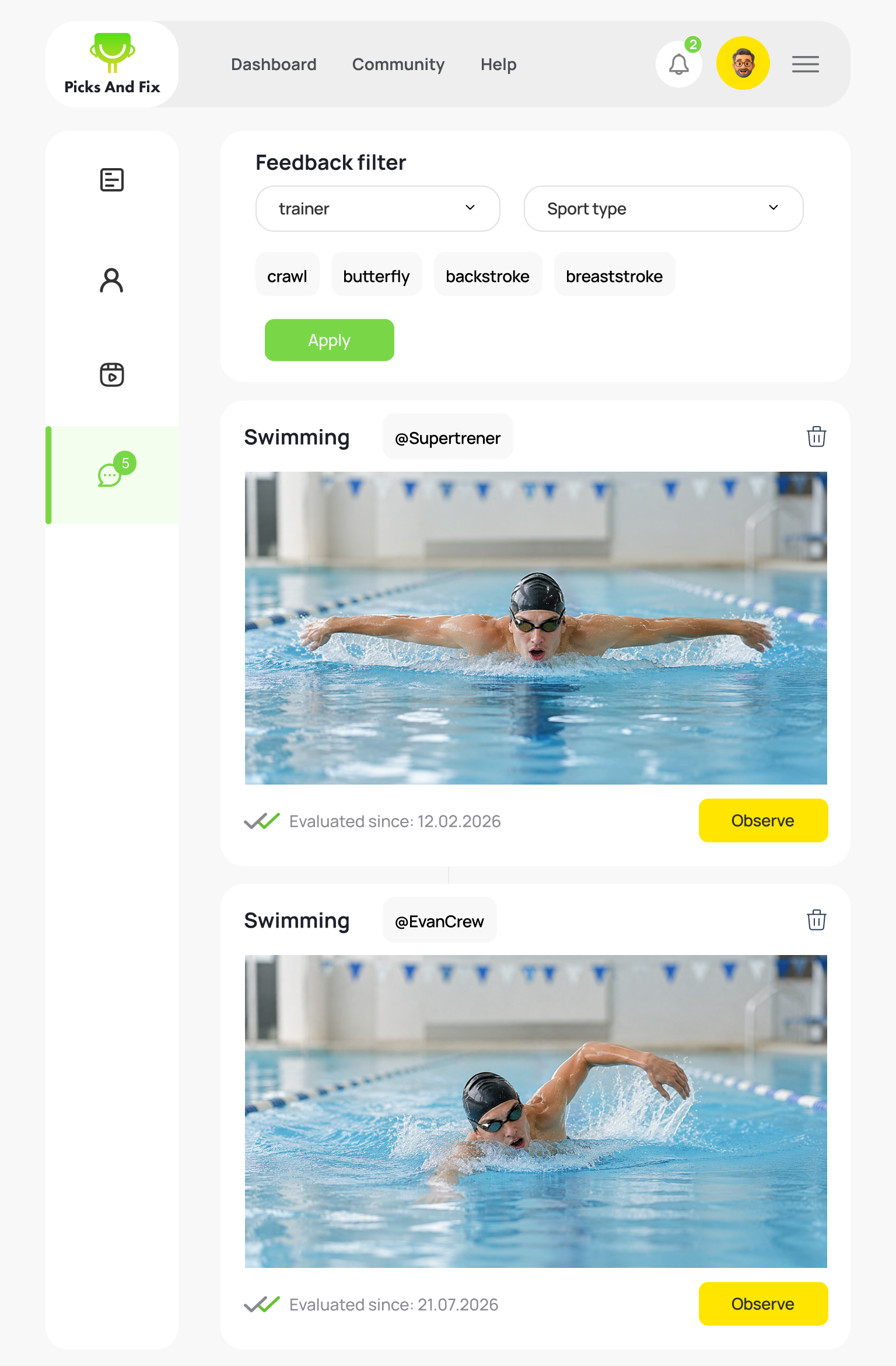 Feedback feed: every reviewed clip, filterable by coach and sport, each ready to observe.