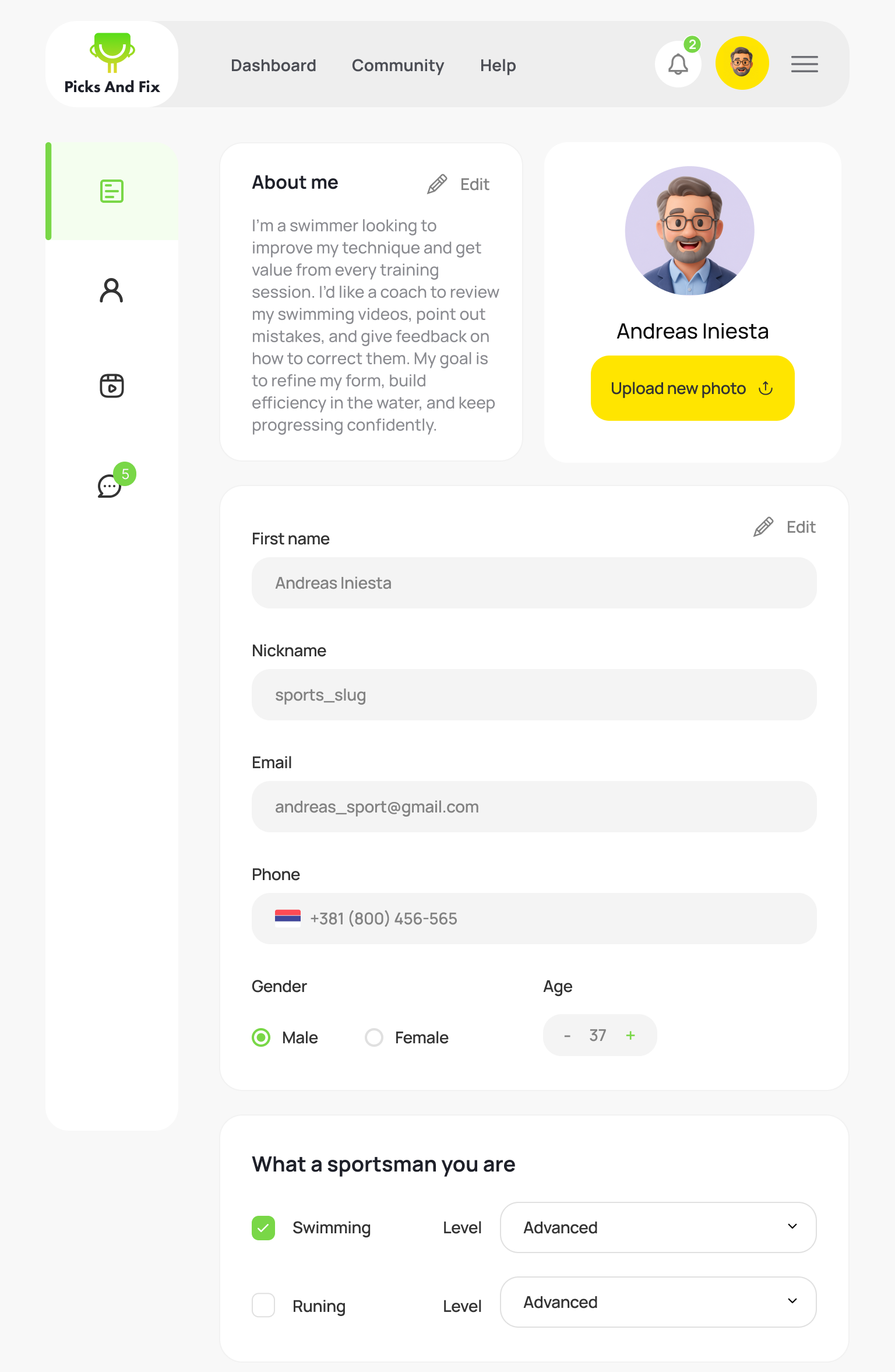 Profile screen: About me, personal details, and sport preferences.
