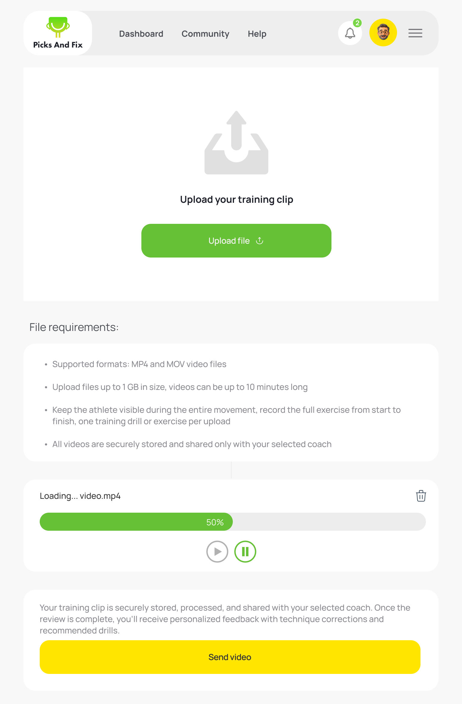 Upload screen: send a training clip to the chosen coach, with file requirements and progress.