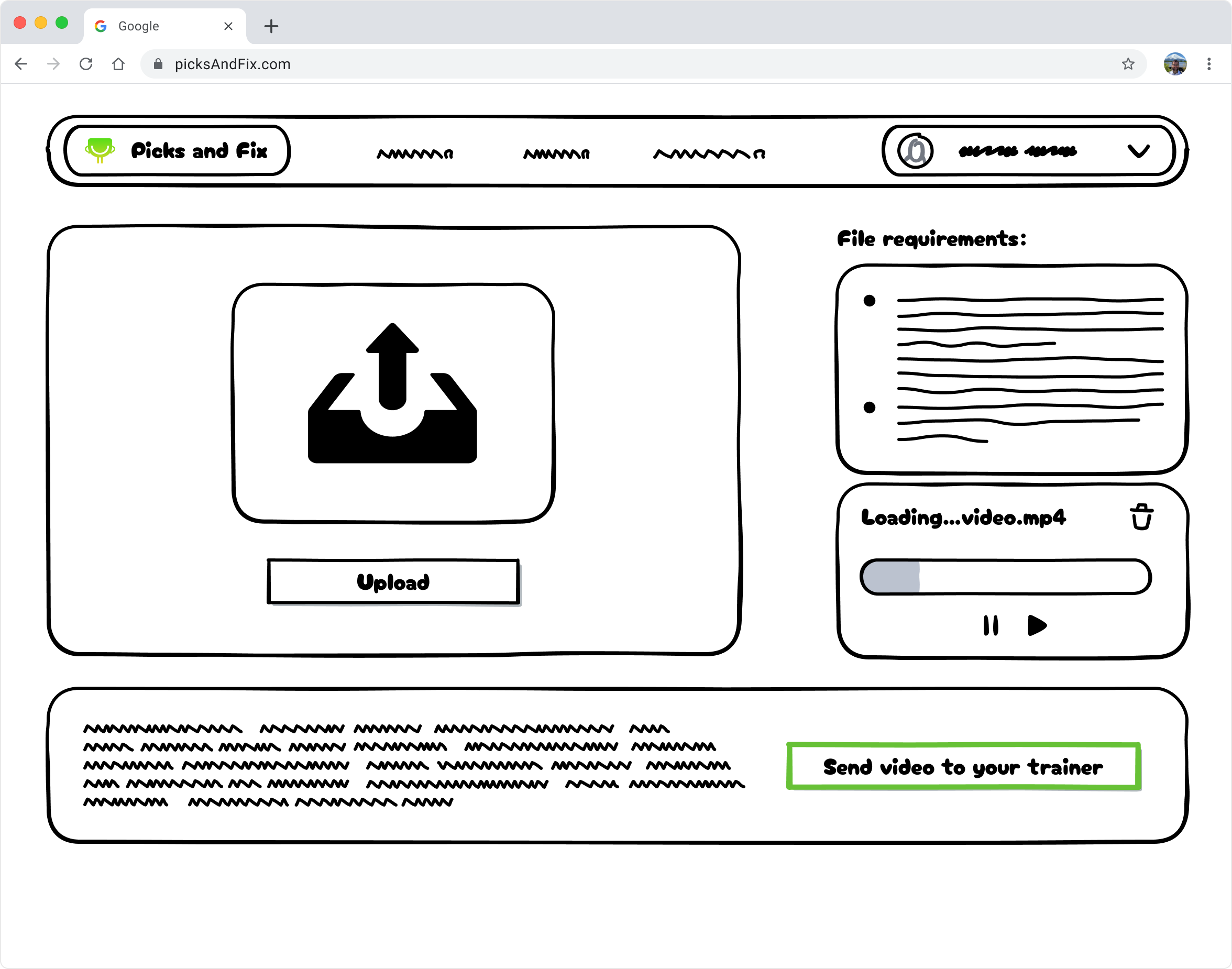 Low-fidelity sketch: uploading a clip to send to a coach
