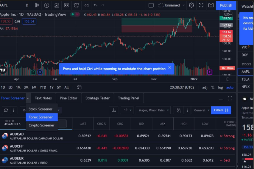 TradingView chart, watchlist and screener